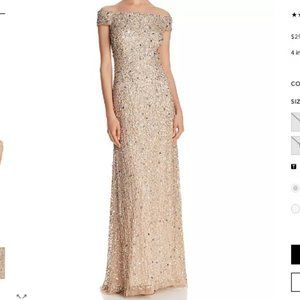 Adrianna Papell Off-the-Shoulder Sequined Gown in Champagne